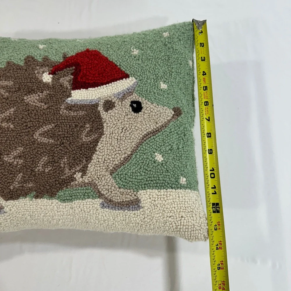 Grandin Road Christmas Hedgehog Hooked Wool Lumbar Pillow 14x18 Green Santa Hat